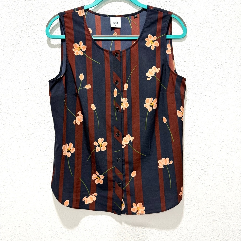 CAbi Black and Brown Floral Striped Blouse M‎